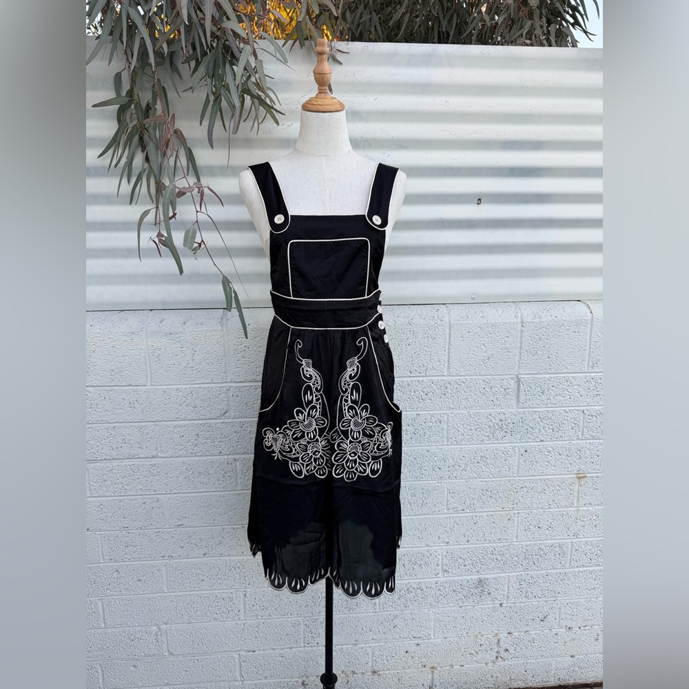 Lucca Couture Black Embroidered Pinafore Dress | Size Small | Cottagecore